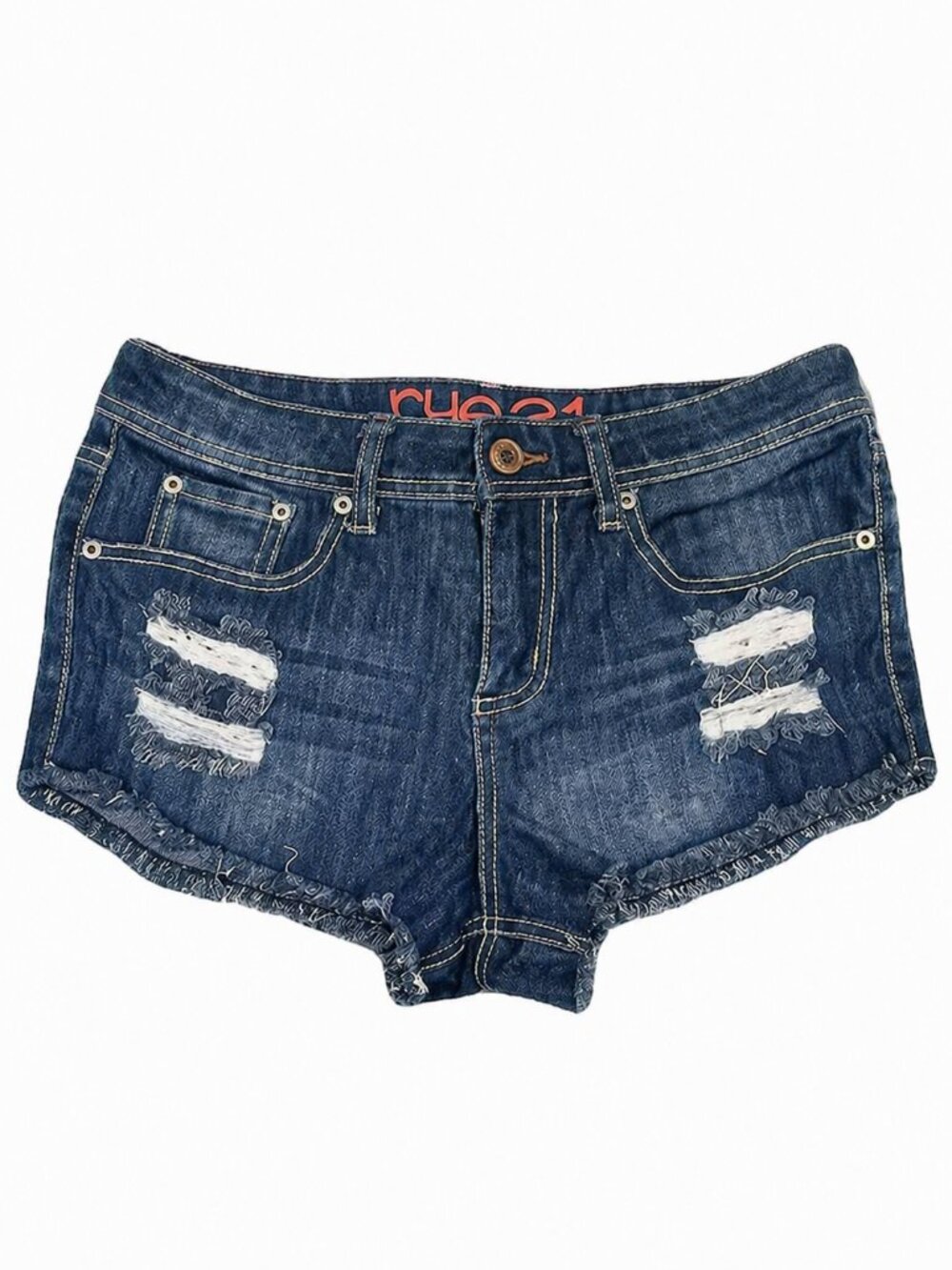 Rue21 Womens Denim Micro Shorts Dark Blue Distressed Ripped Y2K Grunge Size 5/6